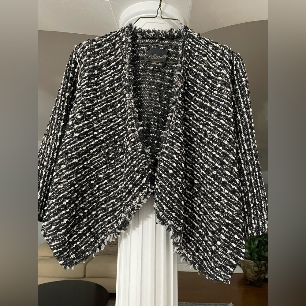 Mcginn  black and white wool tweed fringe knitted Drape Collar blazer Jacket. M